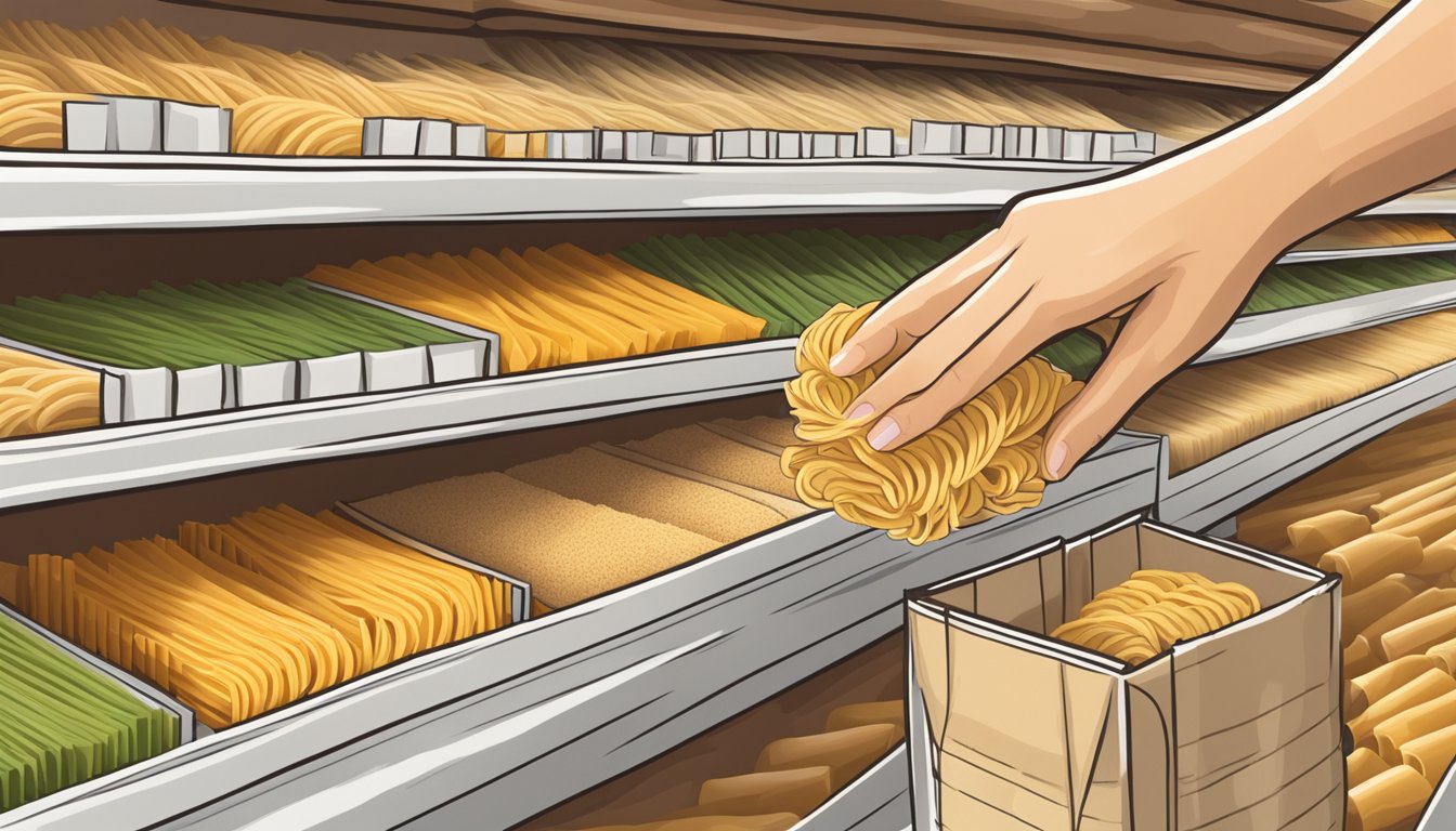 A hand reaching for a package of Tinkyada brown rice pasta spirals on a grocery store shelf