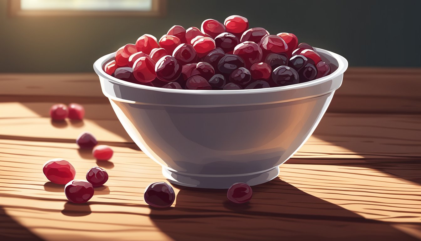 A bowl of organic dried cranberries spilling out onto a rustic wooden table. Sunlight streaming in, casting warm shadows