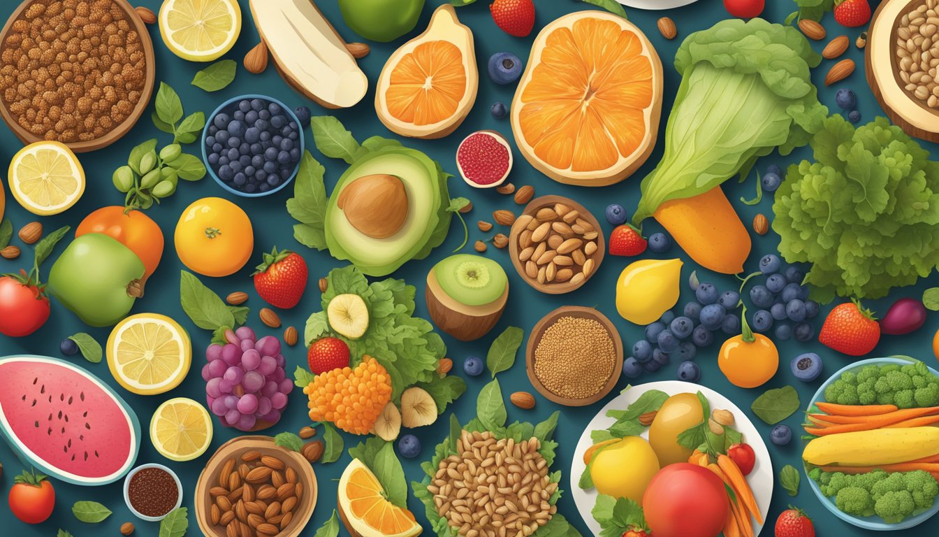 A bountiful table of colorful, plant-based foods arranged in a feast-like manner, with an emphasis on fresh fruits, vegetables, nuts, and grains