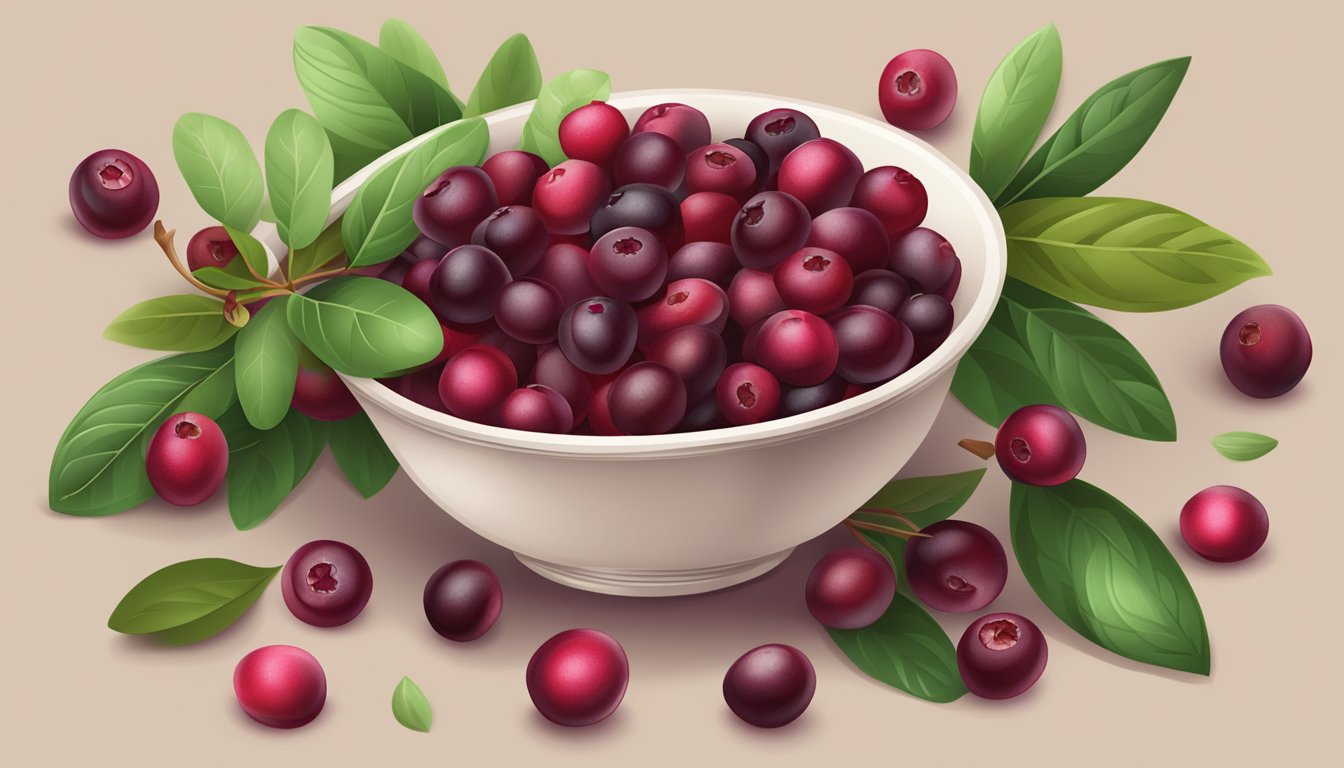 A bowl of organic dried cranberries surrounded by fresh cranberries and green leaves