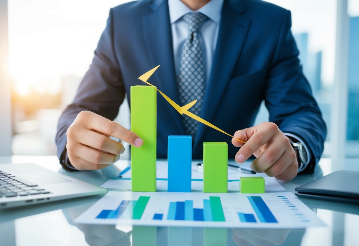 A California real estate agent comparing property sales data, with charts and graphs on a desk