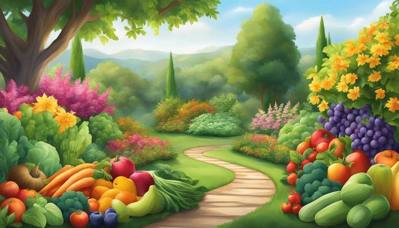 A lush garden bursting with colorful, nutrient-rich fruits and vegetables, surrounded by a serene and peaceful natural setting