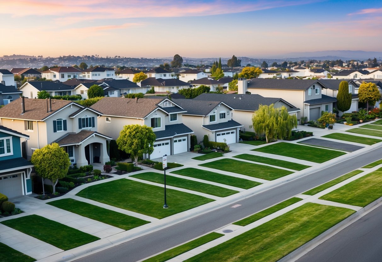 A suburban street with diverse housing styles and sizes, featuring well-maintained lawns and landscaping. The houses range from small bungalows to large, modern homes, reflecting the variety of properties in California