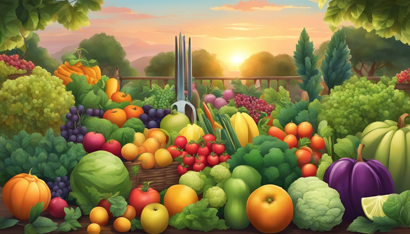 A lush garden with a variety of colorful fruits and vegetables, surrounded by a warrior's training equipment and a sunset in the background