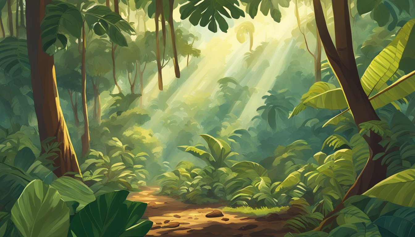 A lush rainforest with cacao trees, ripe pods, and indigenous people harvesting cacao beans. The sun filters through the canopy, casting dappled light on the scene