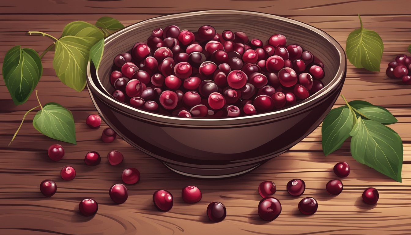 A bowl of plump, deep red organic dried cranberries spills out onto a rustic wooden table, surrounded by scattered cranberry leaves and vines