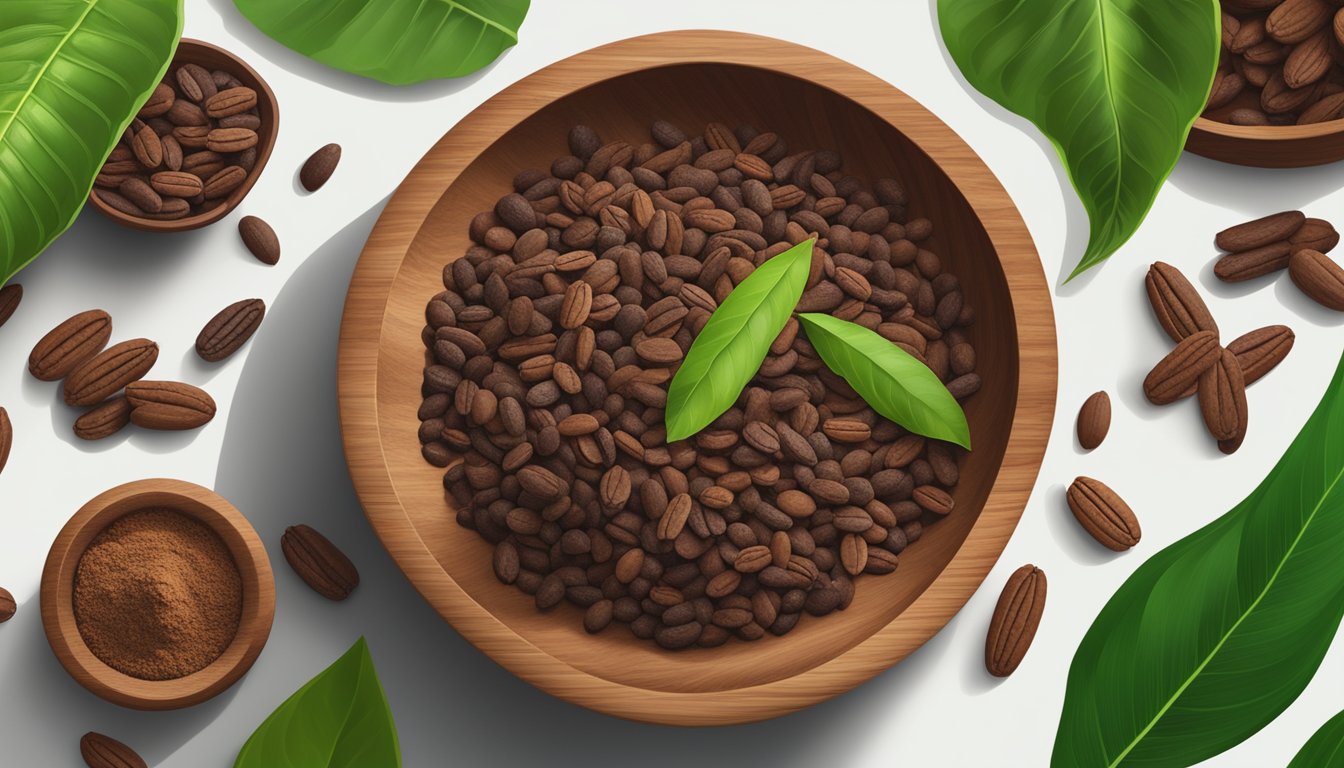 A wooden bowl filled with Navitas Organics raw cacao powder, surrounded by cacao beans and vibrant green leaves