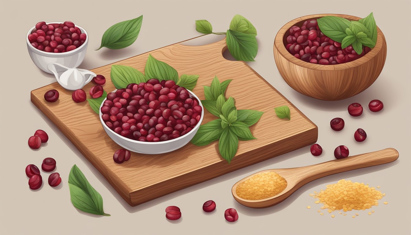 A wooden cutting board with scattered organic dried cranberries and a mixing bowl surrounded by fresh ingredients