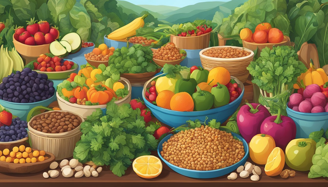 A bountiful table of colorful, plant-based foods arranged in a feast-like setting, with vibrant fruits, vegetables, grains, and legumes