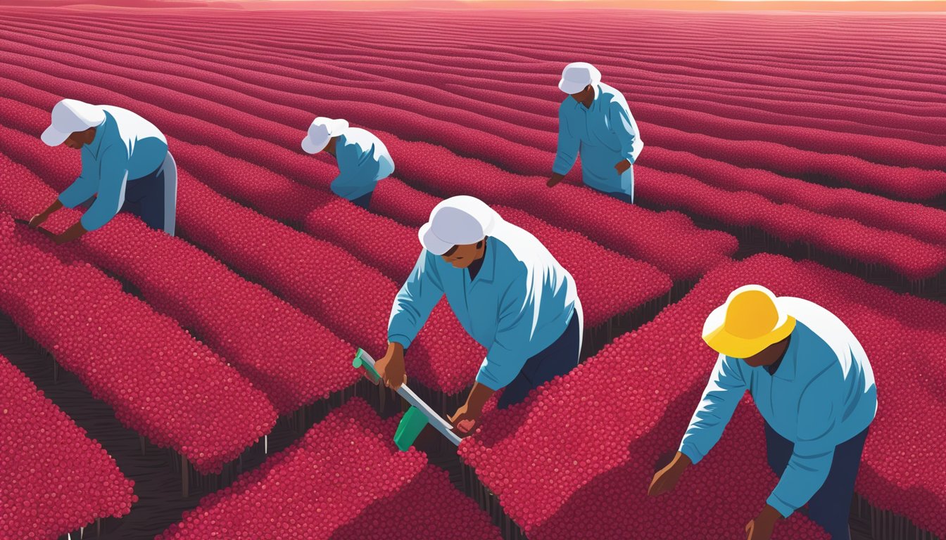 A lush, sun-drenched cranberry field with workers harvesting and packaging the organic dried cranberries for Eden Foods