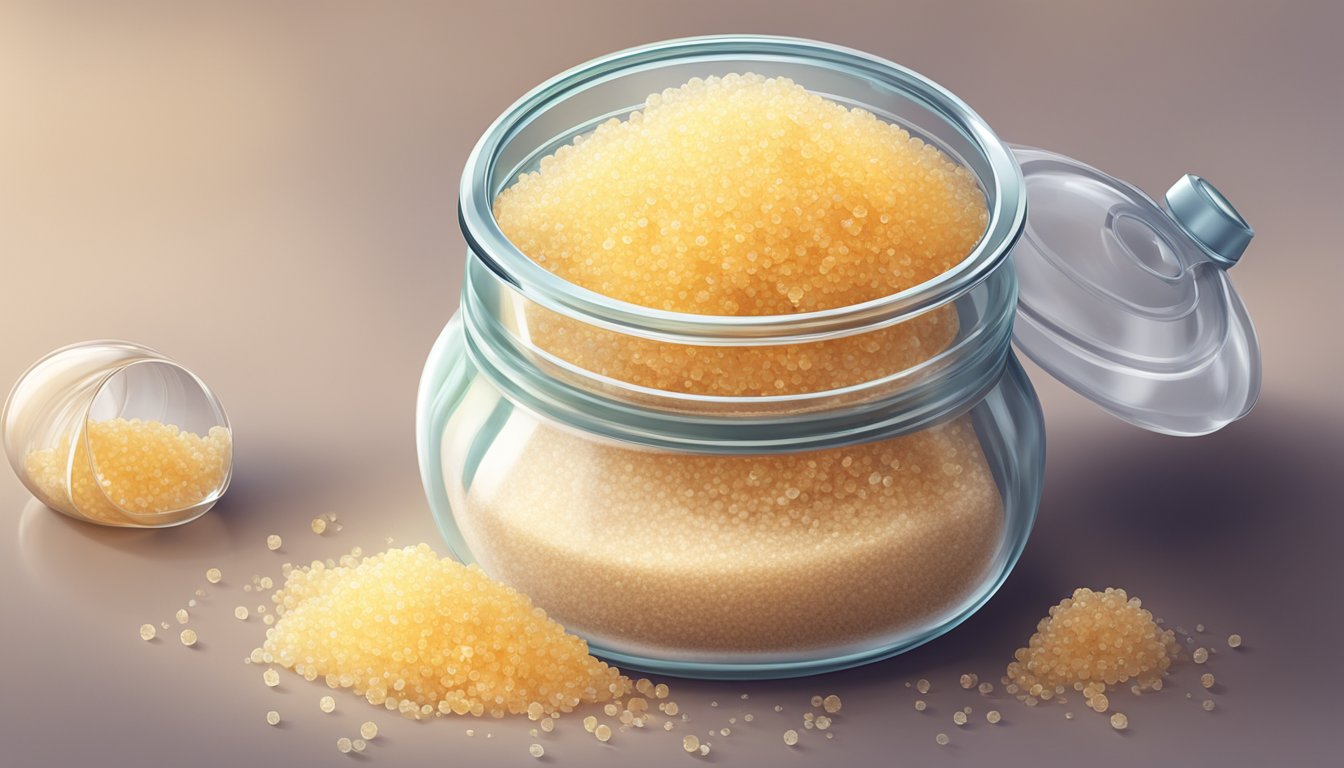 A close-up of a glass jar filled with pure cane granulated sugar, with a soft light shining on it