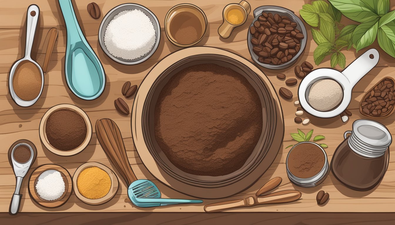 A wooden bowl filled with raw cacao powder, surrounded by various kitchen utensils and ingredients such as a whisk, measuring spoons, and a bag of Navitas Organics raw cacao powder