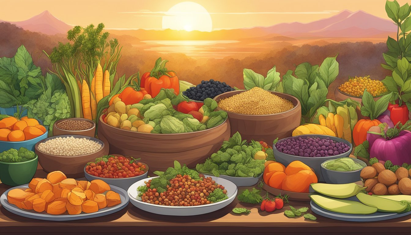 A bountiful table filled with colorful and diverse plant-based foods, surrounded by an array of herbs and spices, with the sun setting in the background