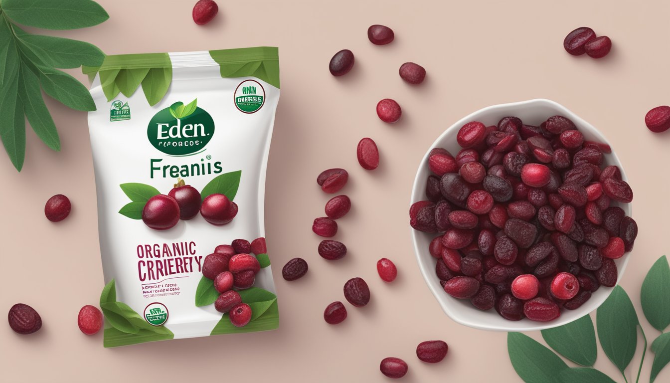 A bowl of organic dried cranberries spilling out of a branded Eden Foods packaging, surrounded by fresh cranberries and green leaves