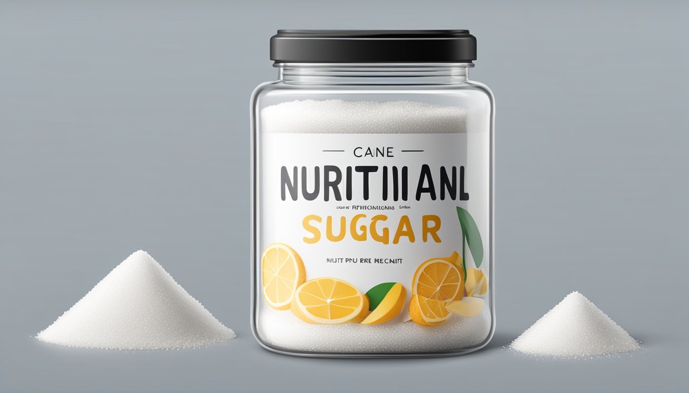 A clear glass jar filled with fine white granulated sugar, with a label indicating "Nutritional Content" and "Cane Pure" prominently displayed