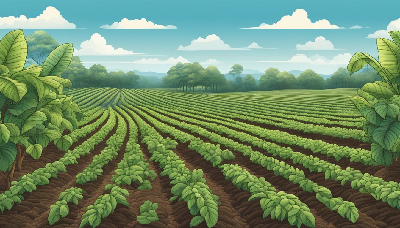 A lush cacao farm with rows of healthy cacao trees under a clear blue sky, surrounded by certification labels and logos