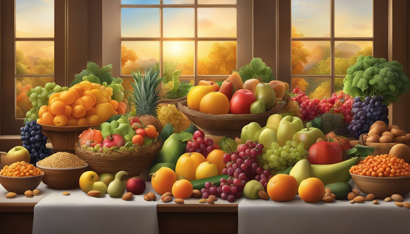 A bountiful table of colorful, fresh fruits, vegetables, nuts, and grains arranged in an inviting display, with the warm glow of the feast window casting a soft light over the scene