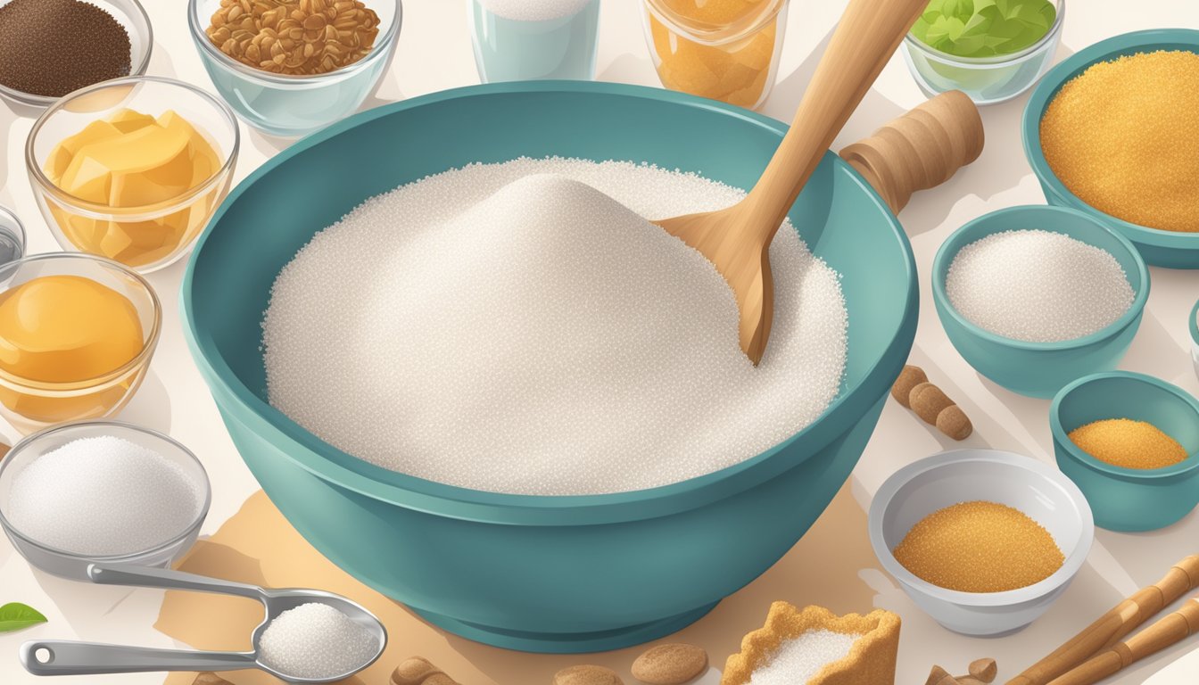 A hand pouring granulated sugar into a mixing bowl surrounded by various baking ingredients and utensils