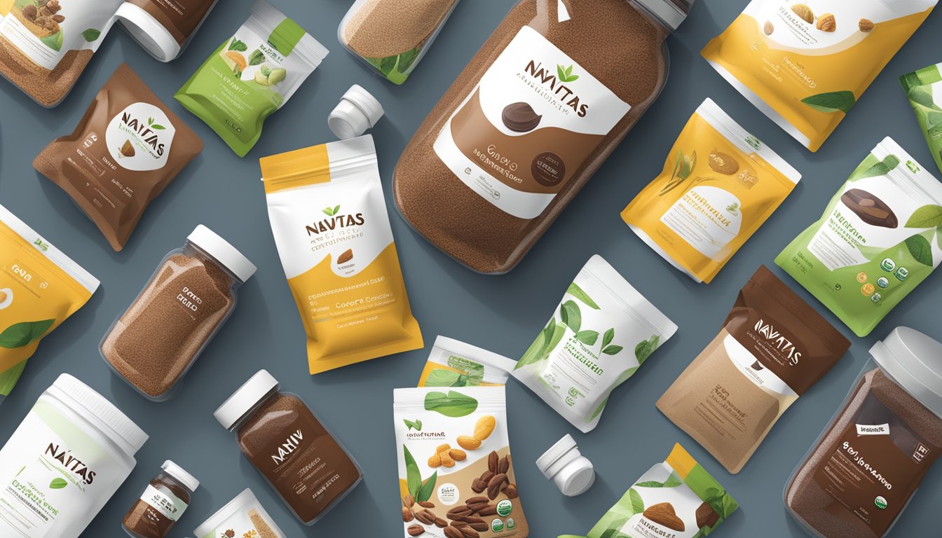 A bag of Navitas Organics raw cacao powder surrounded by various product variants and formats, such as jars, pouches, and bulk containers