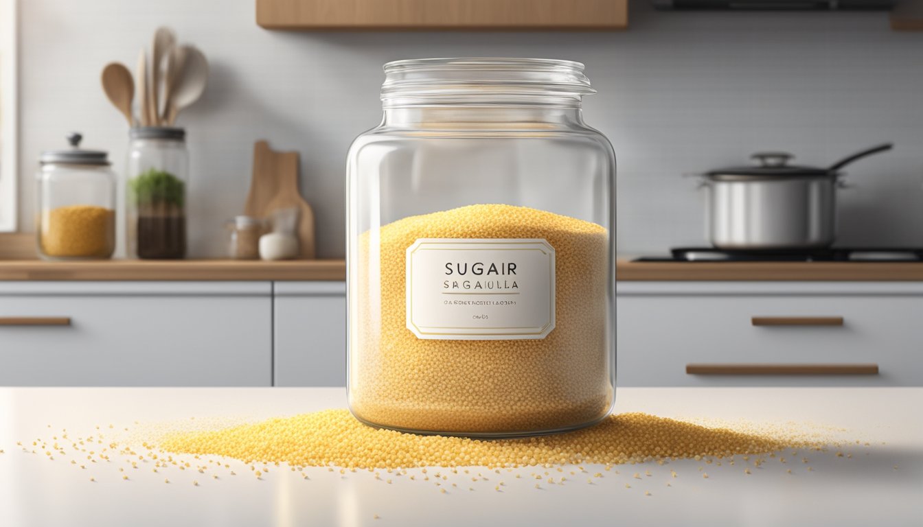 A clear glass jar filled with golden granulated sugar, with a simple label and lid, sits on a clean, white kitchen countertop. A few scattered grains of sugar are visible around the jar