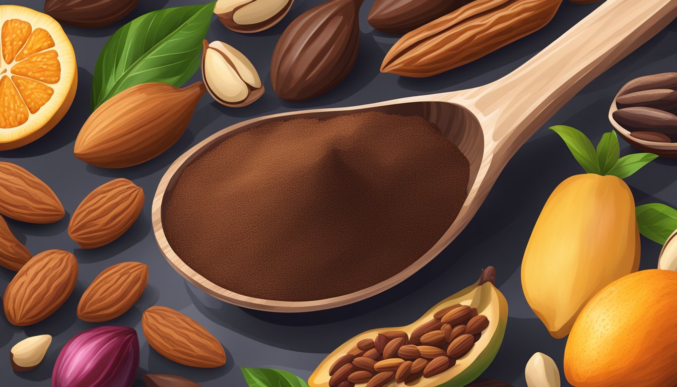 A spoonful of cacao powder surrounded by various fruits and nuts, with a nutritional label in the background