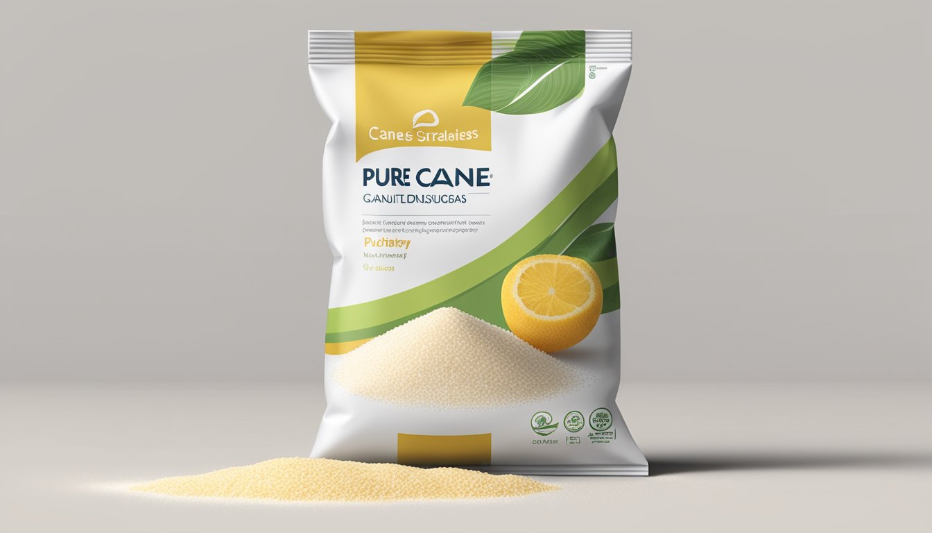 A bag of pure cane granulated sugar with a label indicating "Dietary Considerations" on a clean, white countertop