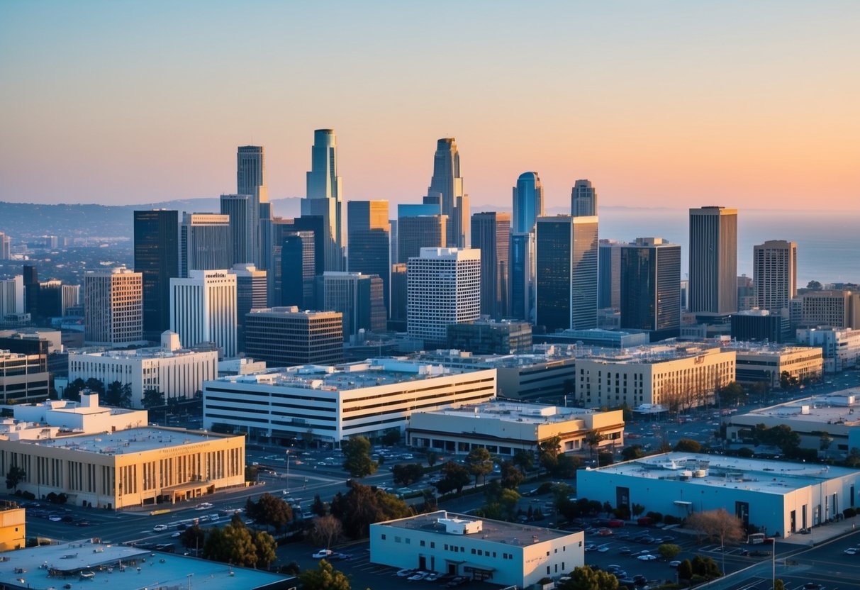 A bustling California city skyline with various commercial buildings and properties, showcasing the diversity and complexity of the commercial real estate market