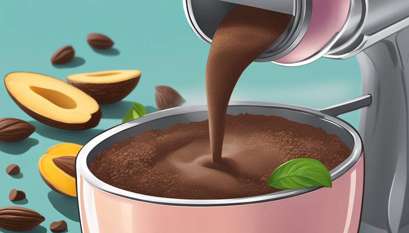 A spoonful of cacao powder being sprinkled into a smoothie blender