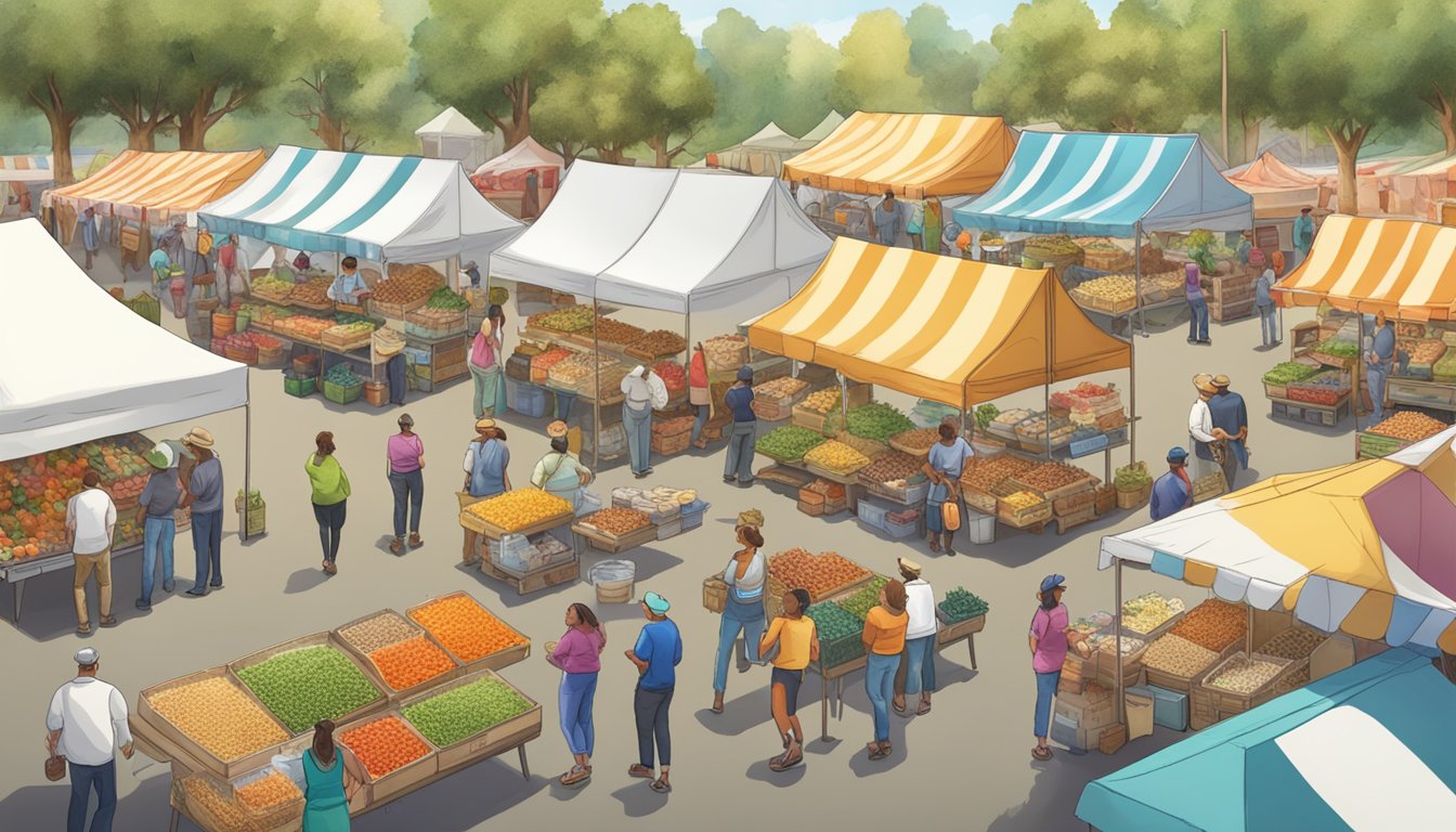 A bustling farmer's market with a vibrant display of pure cane granulated sugar at a community engagement camp