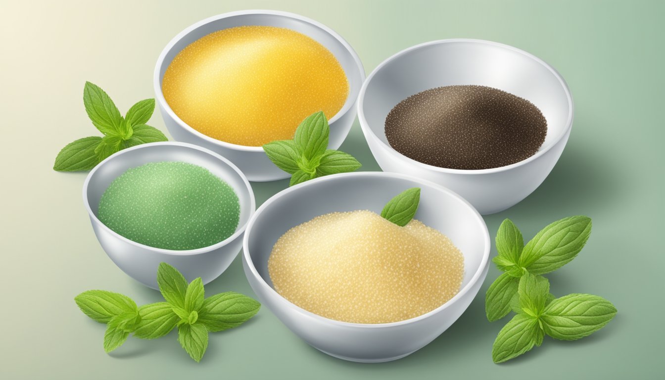 A tabletop with three bowls filled with different sweeteners - stevia, cane sugar, and granulated sugar