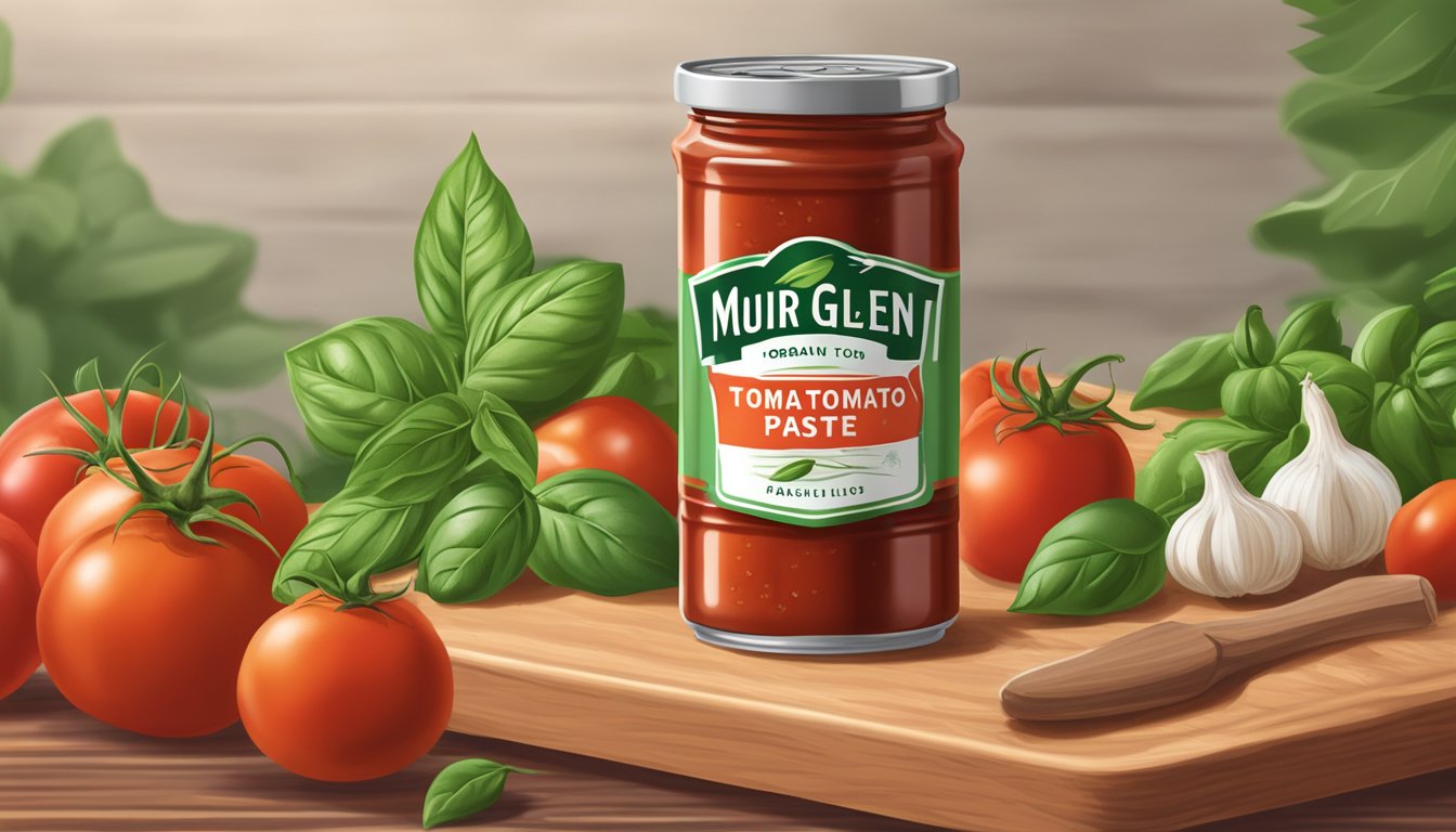 A can of Muir Glen organic tomato paste surrounded by fresh tomatoes, basil leaves, and garlic cloves on a wooden cutting board