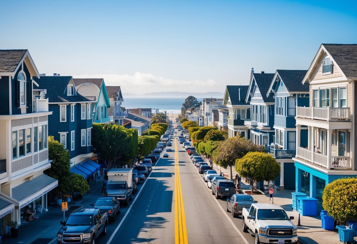 A sunny California street lined with diverse real estate properties, from modern beachfront homes to historic downtown buildings, surrounded by bustling market activity