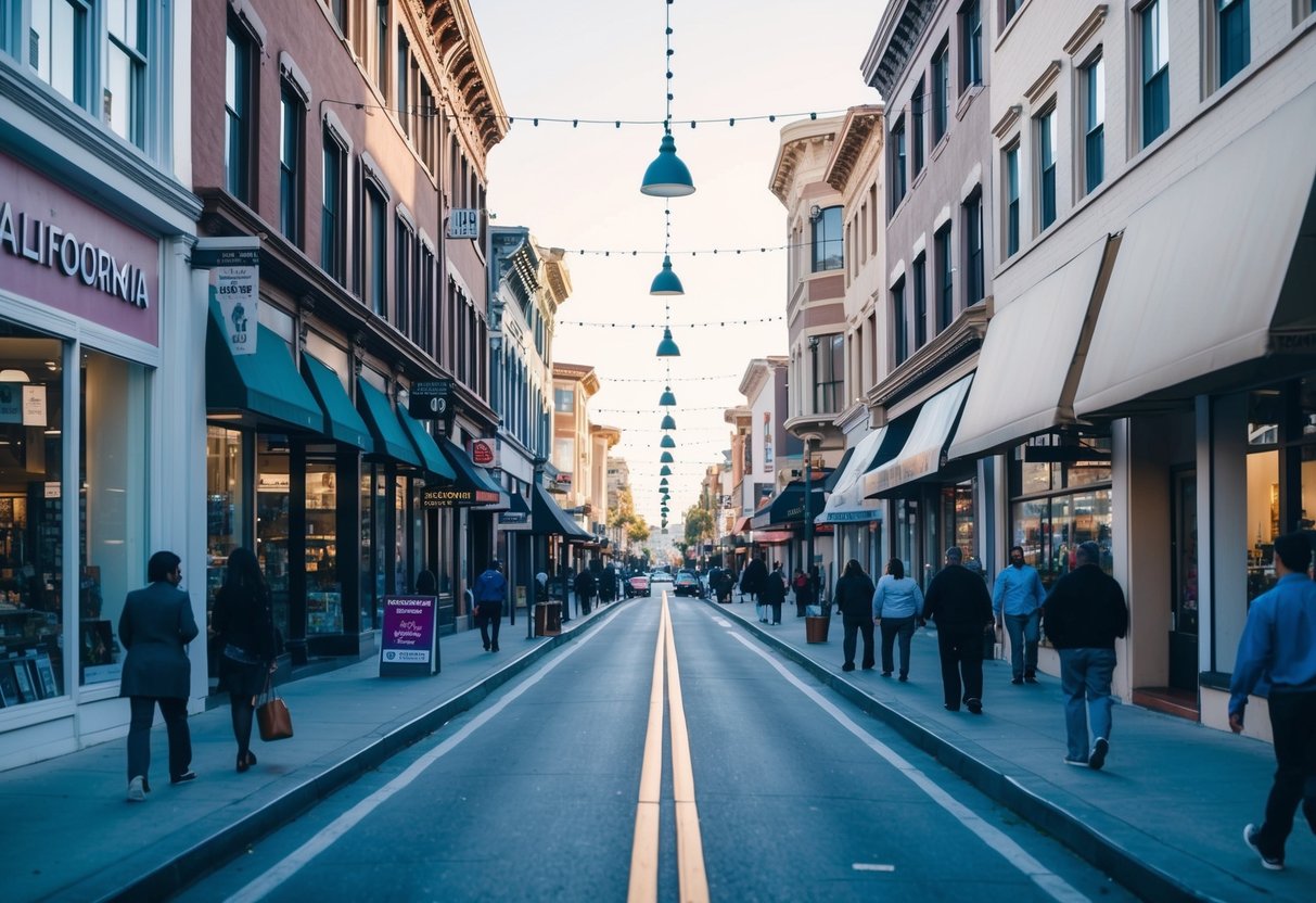 A bustling California street lined with diverse storefronts reflects the dynamic market conditions influencing sales comparison approach