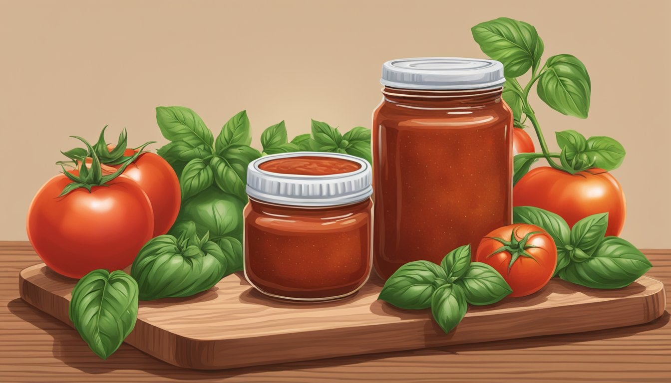 A jar of Muir Glen organic tomato paste surrounded by fresh tomatoes and basil leaves on a wooden cutting board