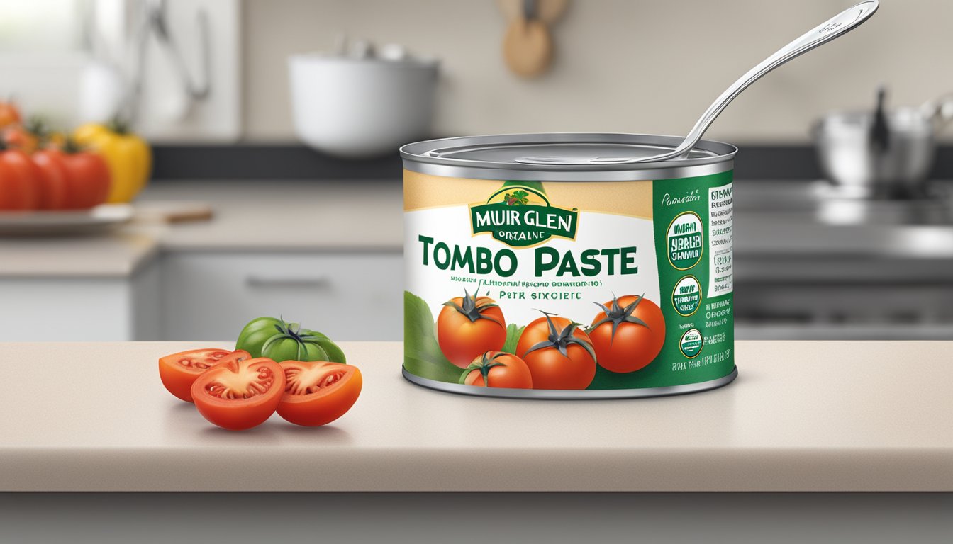 An open can of Muir Glen organic tomato paste on a clean kitchen counter, with a spoonful of paste resting on the edge