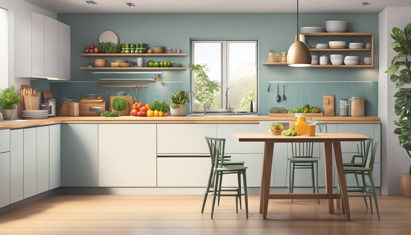 A modern kitchen with a minimalist design, featuring a sleek dining table set for one person and a variety of healthy, unprocessed foods displayed on the counter