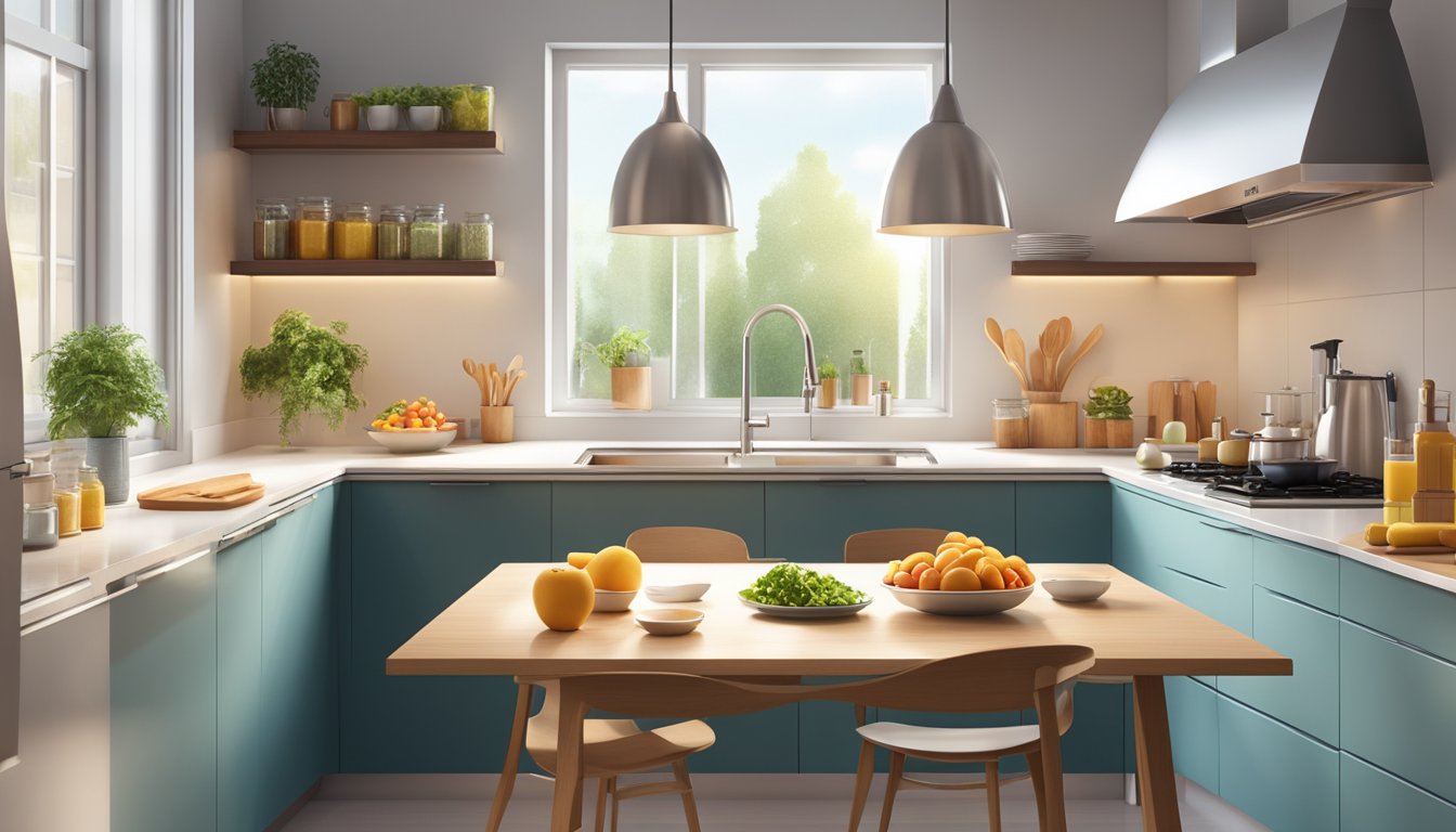 A modern kitchen with a minimalist dining table set for one person, surrounded by healthy, unprocessed foods and a glass of water. Natural light streams in through the window