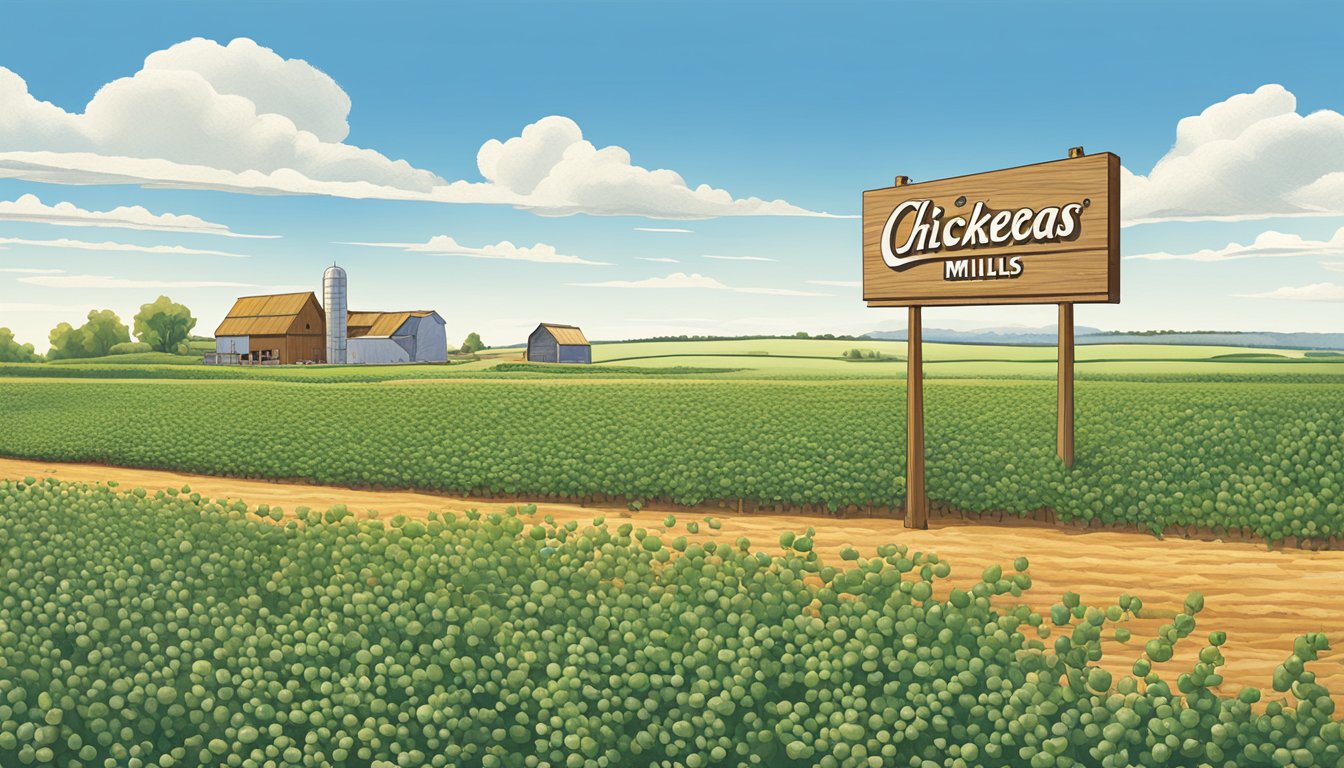 A field of organic chickpeas growing under a clear blue sky, with the Arrowhead Mills logo displayed prominently on a sign at the edge of the field