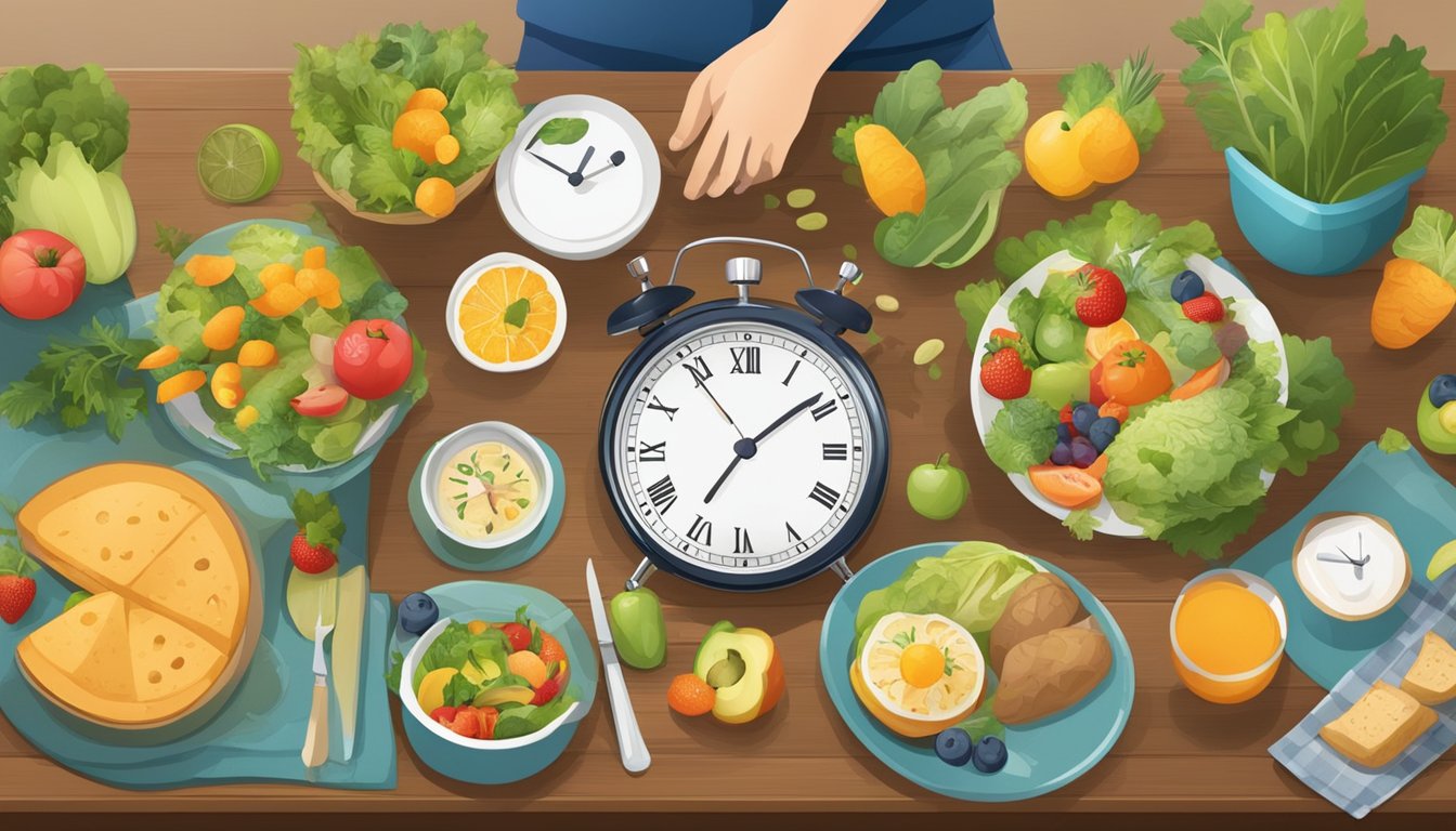 A table set with a variety of healthy foods, a clock showing the time, and a person engaged in physical activity