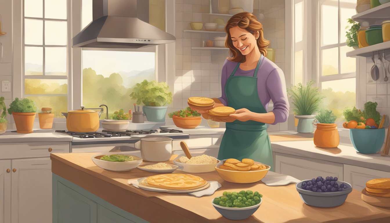 A woman in a cozy kitchen, using arrowhead mills organic chickpea flour to bake a variety of dishes like bread, cookies, and pancakes