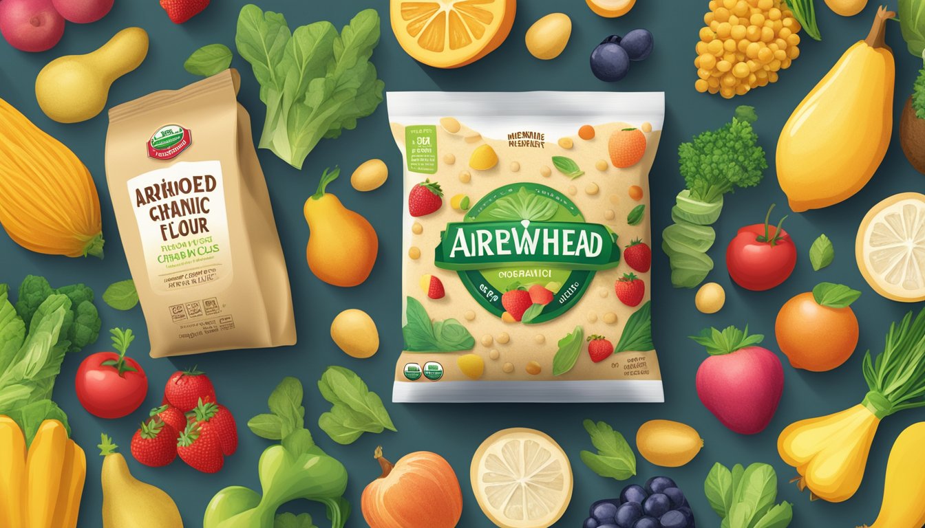 A bag of Arrowhead Mills organic chickpea flour surrounded by colorful fruits and vegetables, with a spotlight shining on it to emphasize its health benefits and nutritional profile