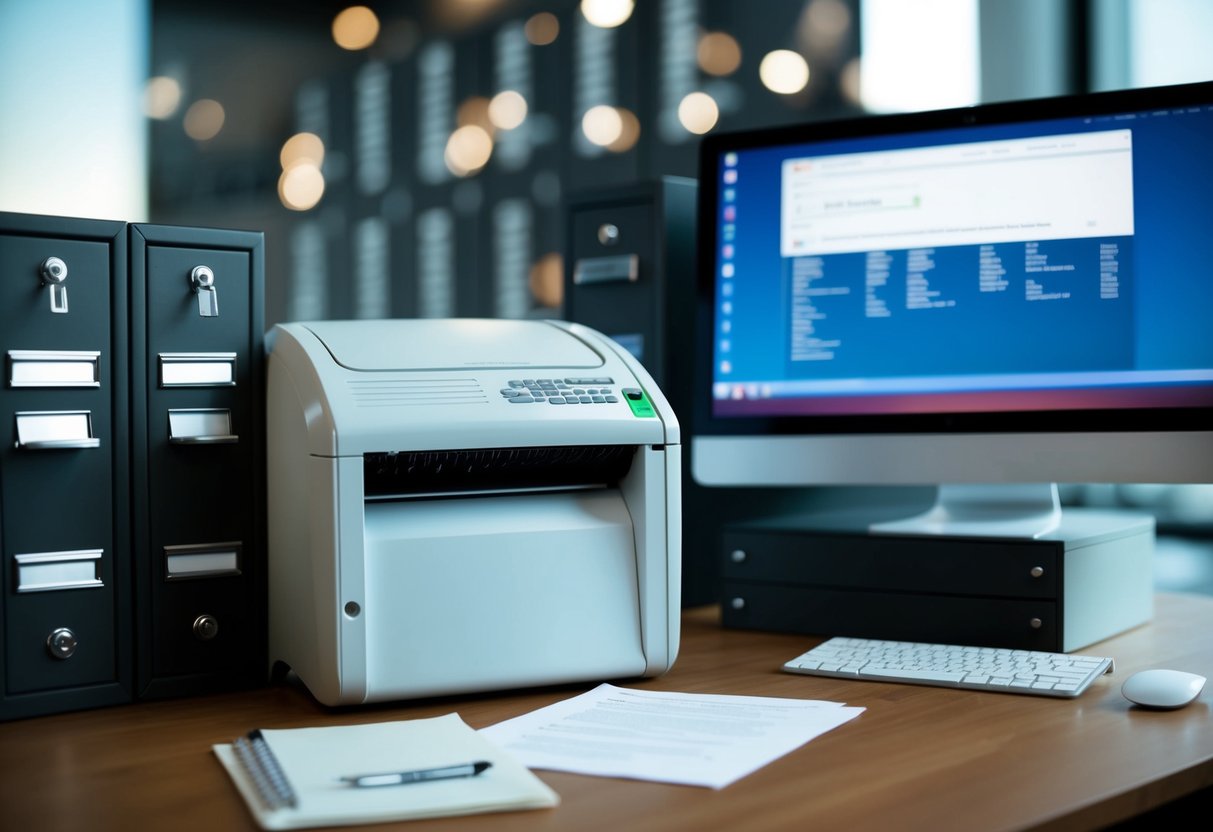 A secure document shredder surrounded by locked filing cabinets and a computer with a strong firewall