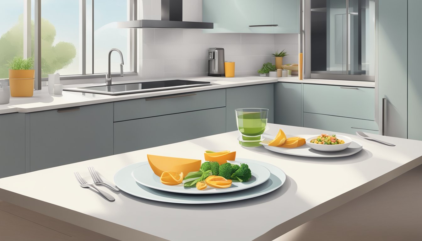 A modern kitchen with a minimalist dining area, a plate of food on one side and an empty plate on the other, symbolizing the concept of fasting and adapting the Warrior Diet to a contemporary lifestyle