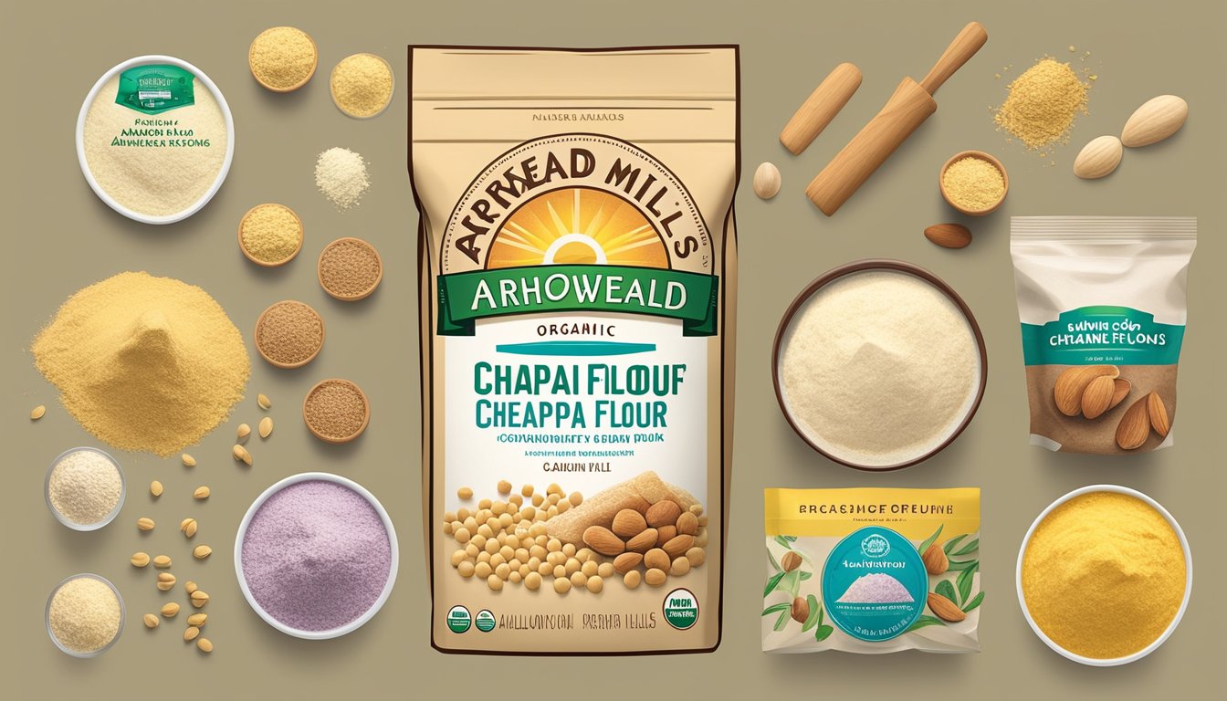 A bag of Arrowhead Mills organic chickpea flour surrounded by various baking alternatives and substitutes like almond flour, coconut flour, and tapioca starch