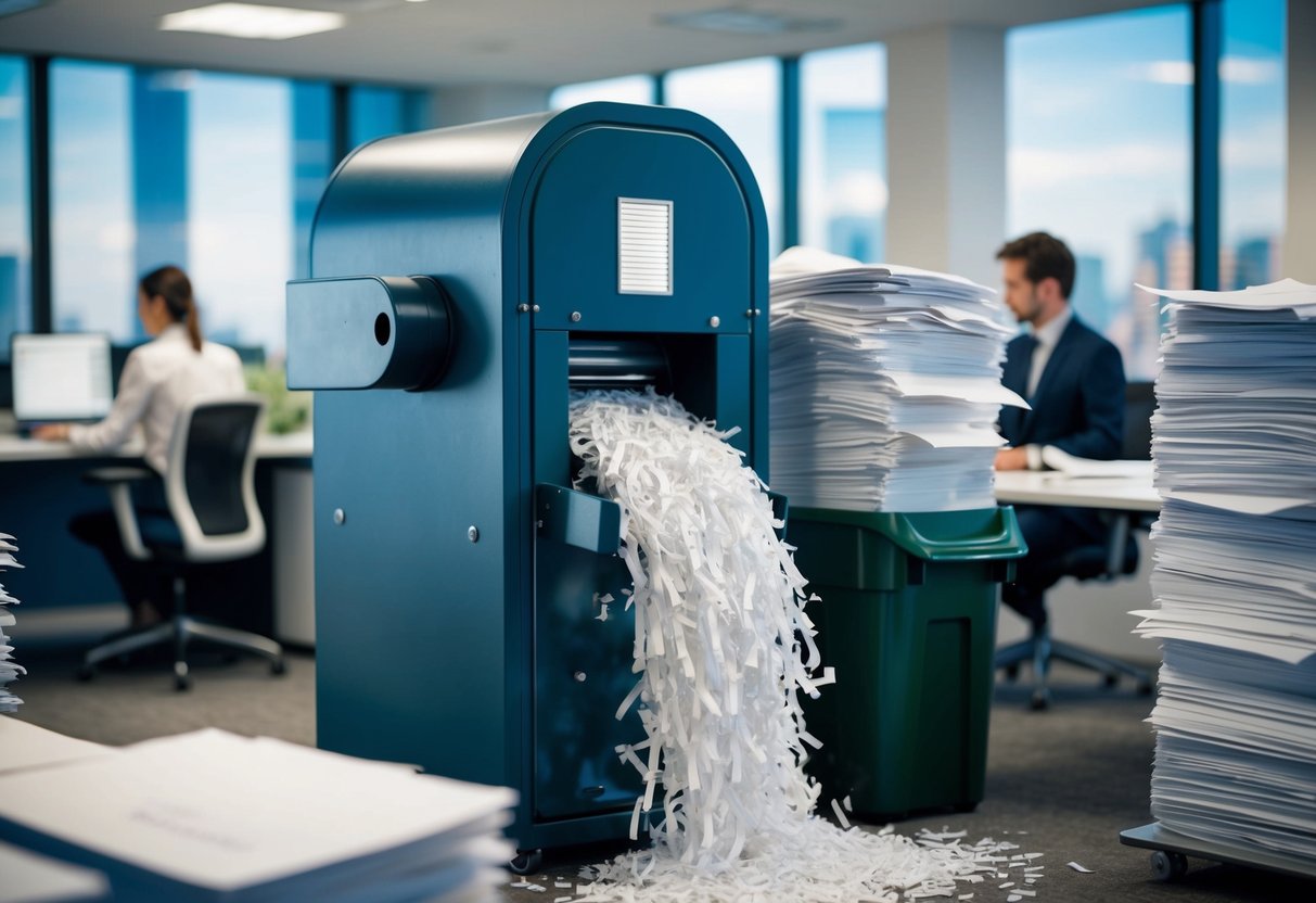 A busy office with stacks of paper being shredded by a large industrial paper shredder. A recycling bin nearby is filling up with shredded paper