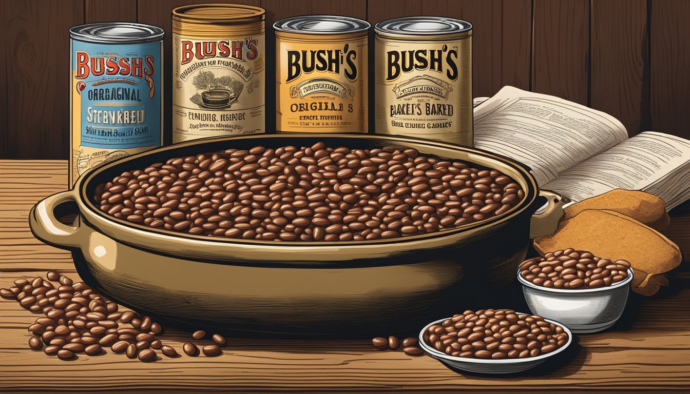 A steaming pot of Bush's Best Original Baked Beans sits on a rustic wooden table, surrounded by empty cans and a vintage recipe book