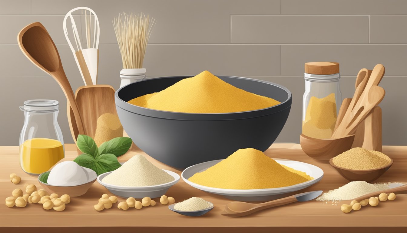 A bowl of chickpea flour surrounded by various kitchen utensils and ingredients, with a chef's hat in the background