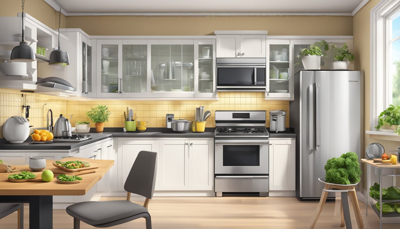 A modern kitchen with a table set for a single meal, surrounded by electronic devices and fitness equipment, symbolizing the adaptation of the warrior diet to a contemporary lifestyle