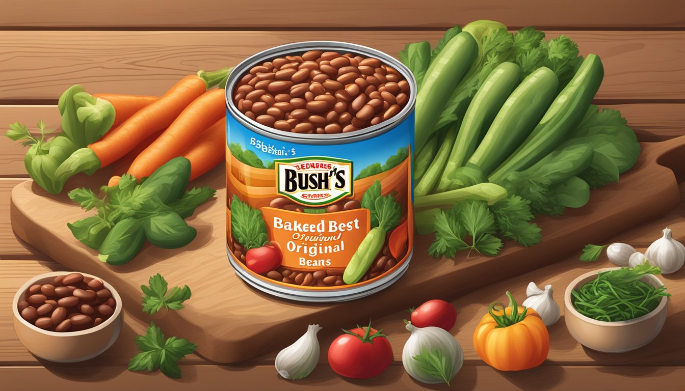 A can of Bush's Best Original Baked Beans surrounded by colorful, fresh vegetables and herbs on a wooden cutting board