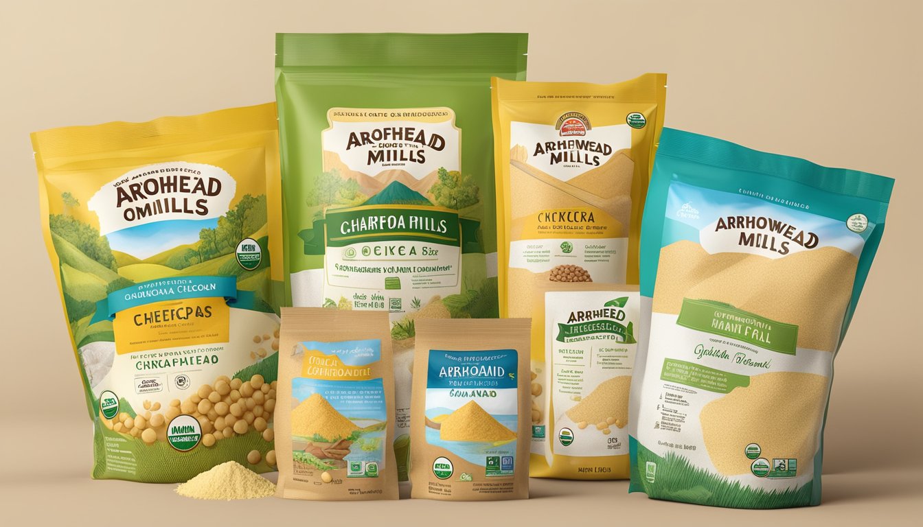 A bag of Arrowhead Mills organic chickpea flour surrounded by various food labels and certifications